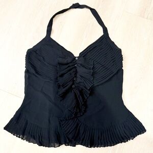 Y2K Bill Blass 100% Silk Black Ruffle Ribbed Button Down Halter Neck Top Sz 6